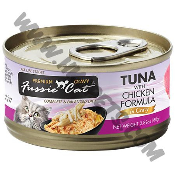 Fussie Cat 肉汁系列 主食貓罐頭 極品吞拿魚拼雞肉 (80克)