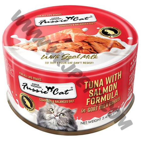 Fussie Cat 羊奶湯汁系列 主食貓罐頭 極品吞拿魚拼三文魚 (70克)