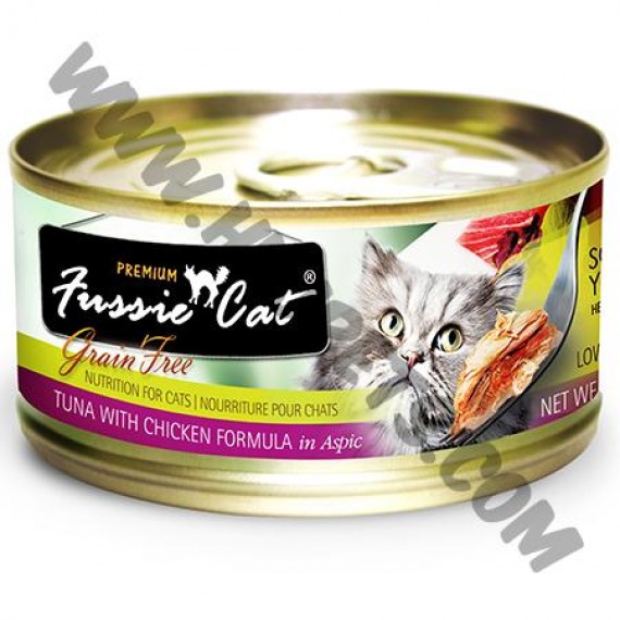 Fussie Cat 黑鑽系列 貓罐頭 純天然吞拿魚，雞肉 (1，80克)