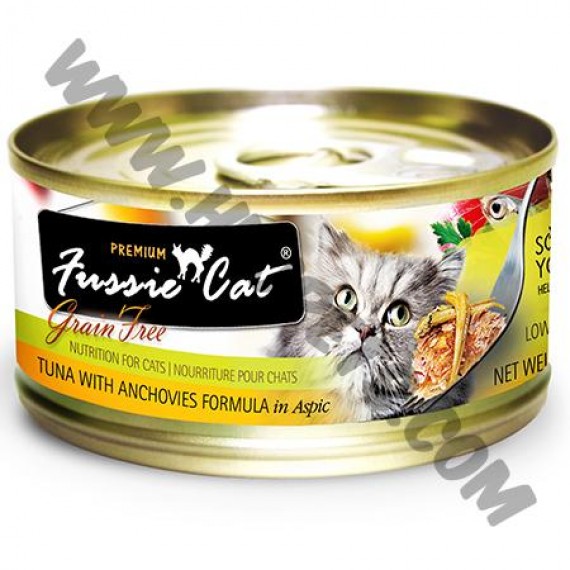 Fussie Cat 黑鑽系列 貓罐頭 純天然吞拿魚，鯷魚 (6，80克)